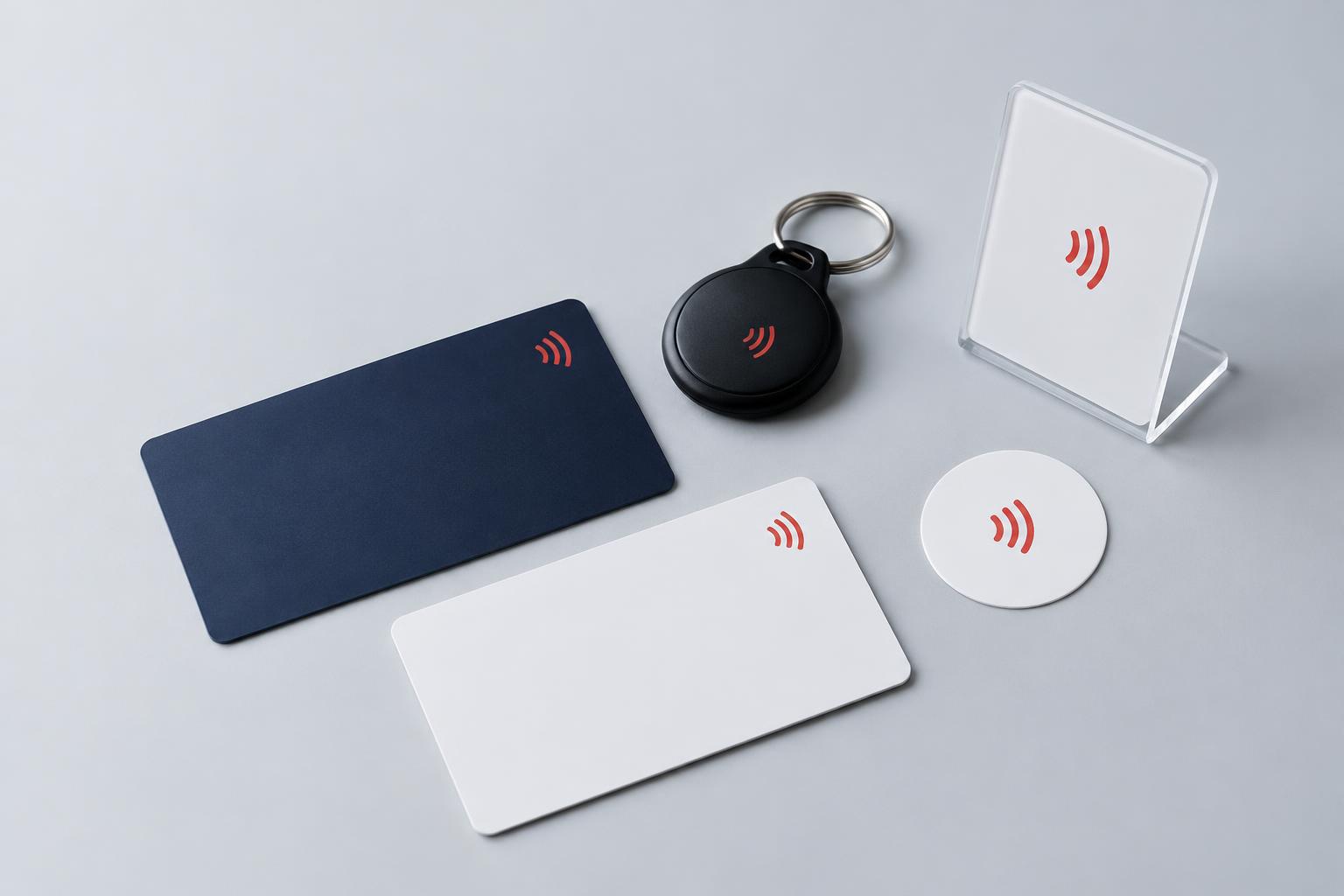 Sample NFC cards, keyring, sticker and tabletop stand